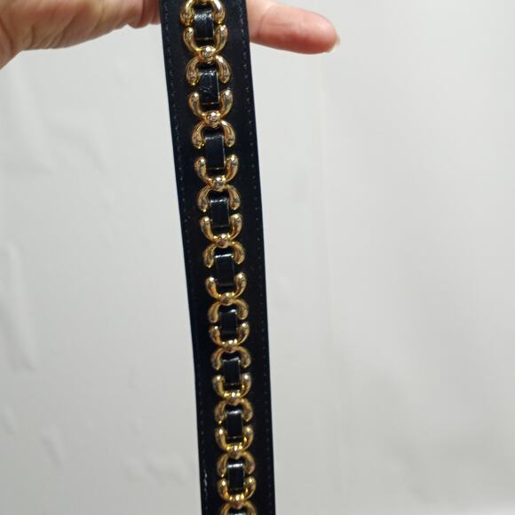 Omega Genuine Bonded Black Leather Belt with Gold X Trim and Buckle Size Medium - Picture 3 of 9